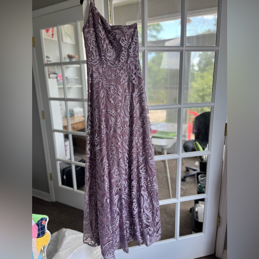 One shoulder purple lace prom dress, size S